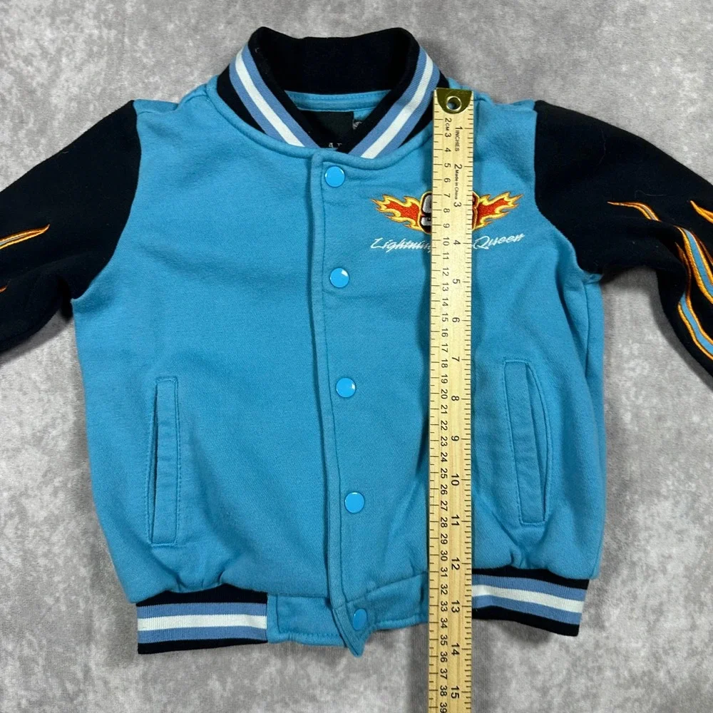 Y2K Disney Pixar Cars Lightning McQueen Varsity Jacket Blue Flame Sleeves 3T
